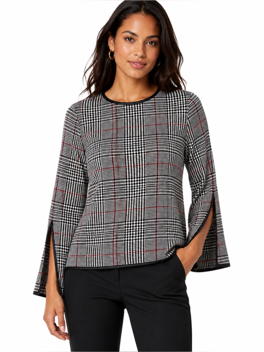 ZARA Plaid Houndstooth Split Sleeve Faux Leather Trim Top Medium